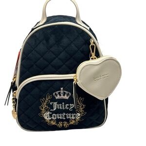 Juicy Couture Valore Quilted Backpack Black & White Heart Keychain‎ Wallet!